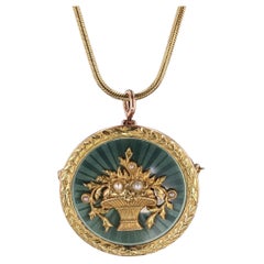 Antique Guilloche Enamel Flower Basket Necklace of 14k Gold