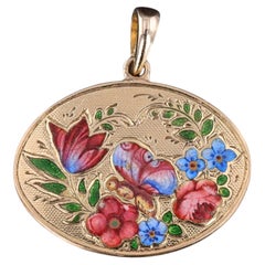 Ciondolo antico a forma di fiore smaltato in oro 14k e 18k, intorno al 1870