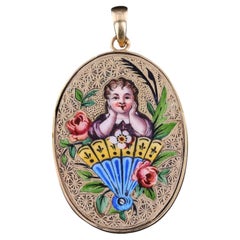 Antique Enamel Woman Pendant of 14k Gold