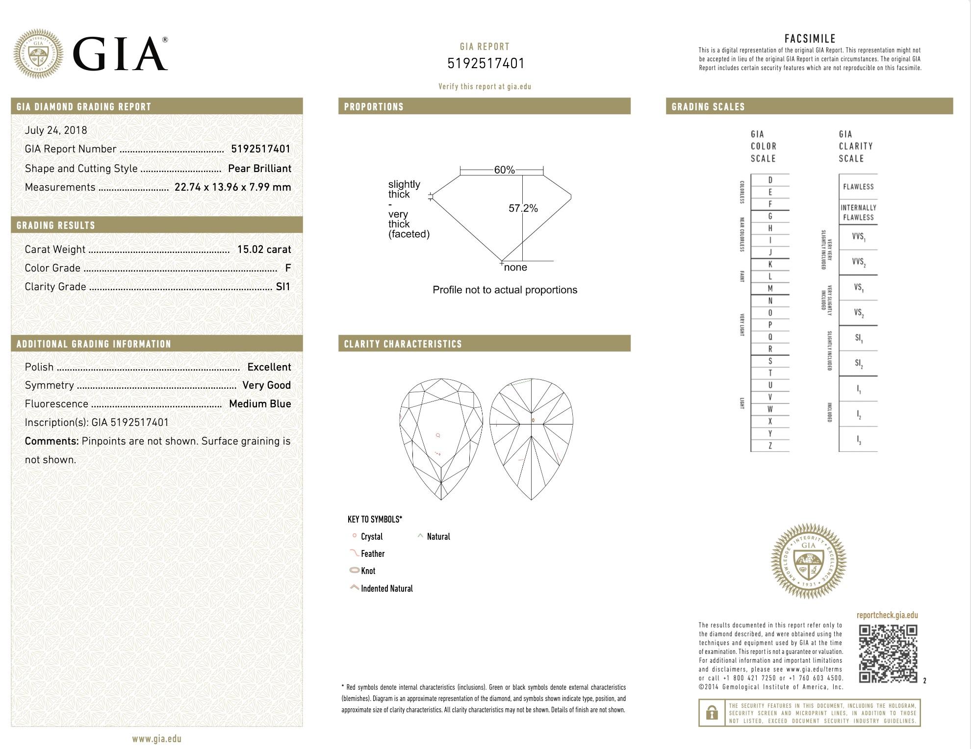 15,02 ct Anillo de compromiso de diamantes pera con certificado GIA en venta 1