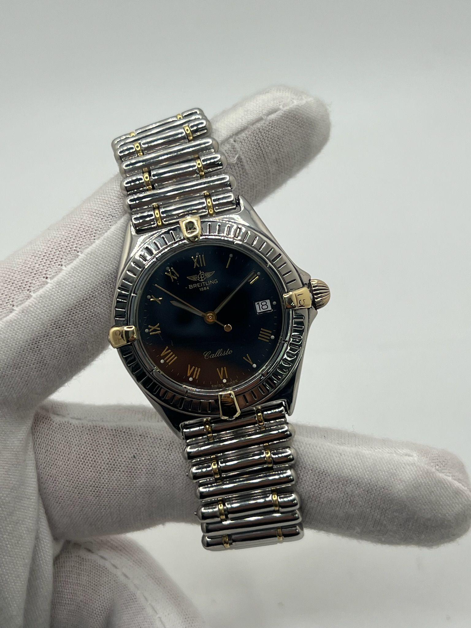 Discover the elegant Breitling Callisto reference B57045, a refined model that perfectly blends Swiss precision with timeless design. This watch features a 34mm stainless steel case enhanced by an 18K yellow gold bezel, beautifully matched with its