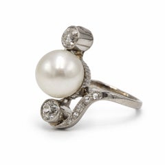 French Art Deco Platinum Old-Cut Diamond and Pearl Ring, circa 1920