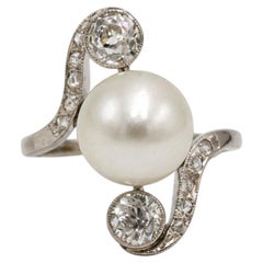 French Art Deco Platinum Old-Cut Diamond and Pearl Ring, circa 1920
