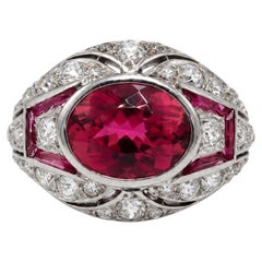 French Art Deco Platinum Diamond and Tourmaline Ring, circa 1920s