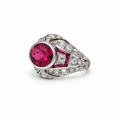 French Art Deco Platinum Diamond and Tourmaline Ring, circa 1920s