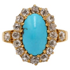 French Antique 18K Yellow Gold Diamond and Turquoise Ring, circa 1900