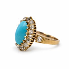 French Antique 18K Yellow Gold Diamond and Turquoise Ring, circa 1900