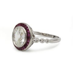 French Art Deco Platinum 2 Carat Old-Cut Diamond and Ruby Ring, circa 1920