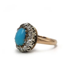 French 19th Century 18K Rose Gold Turquoise and Old-Cut Diamond Ring