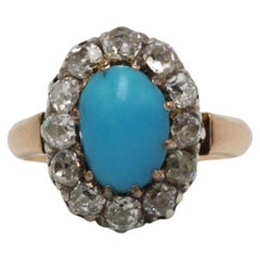 French 19th Century 18K Rose Gold Turquoise and Old-Cut Diamond Ring