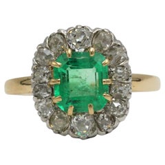 French Antique 18K Gold Emerald and Old-Cut Diamond Cluster Ring, 1.3 Ct