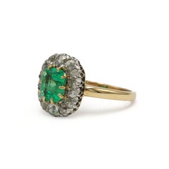French Antique 18K Gold Emerald and Old-Cut Diamond Cluster Ring, 1.3 Ct