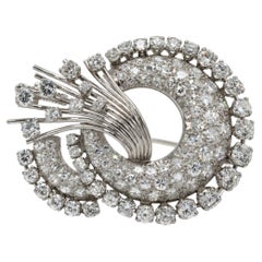 French 1950s White Gold Platinum Diamond Brooch, Approximately 4 Carats