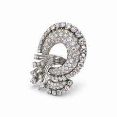 French 1950s White Gold Platinum Diamond Brooch, Approximately 4 Carats