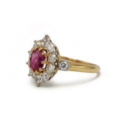 French Antique 18K Gold Platinum Burmese Ruby and Diamond Cluster Ring