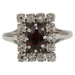 Vintage French 18K White Gold Diamond and Garnet Ring, circa 1970s