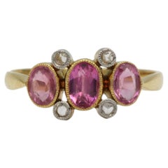 French Antique 18K Gold Pink Sapphire Rose Cut Diamond Ring, circa 1900