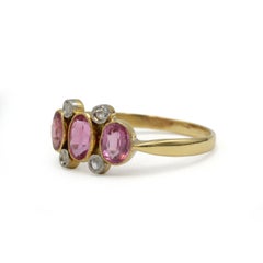 French Antique 18K Gold Pink Sapphire Rose Cut Diamond Ring, circa 1900