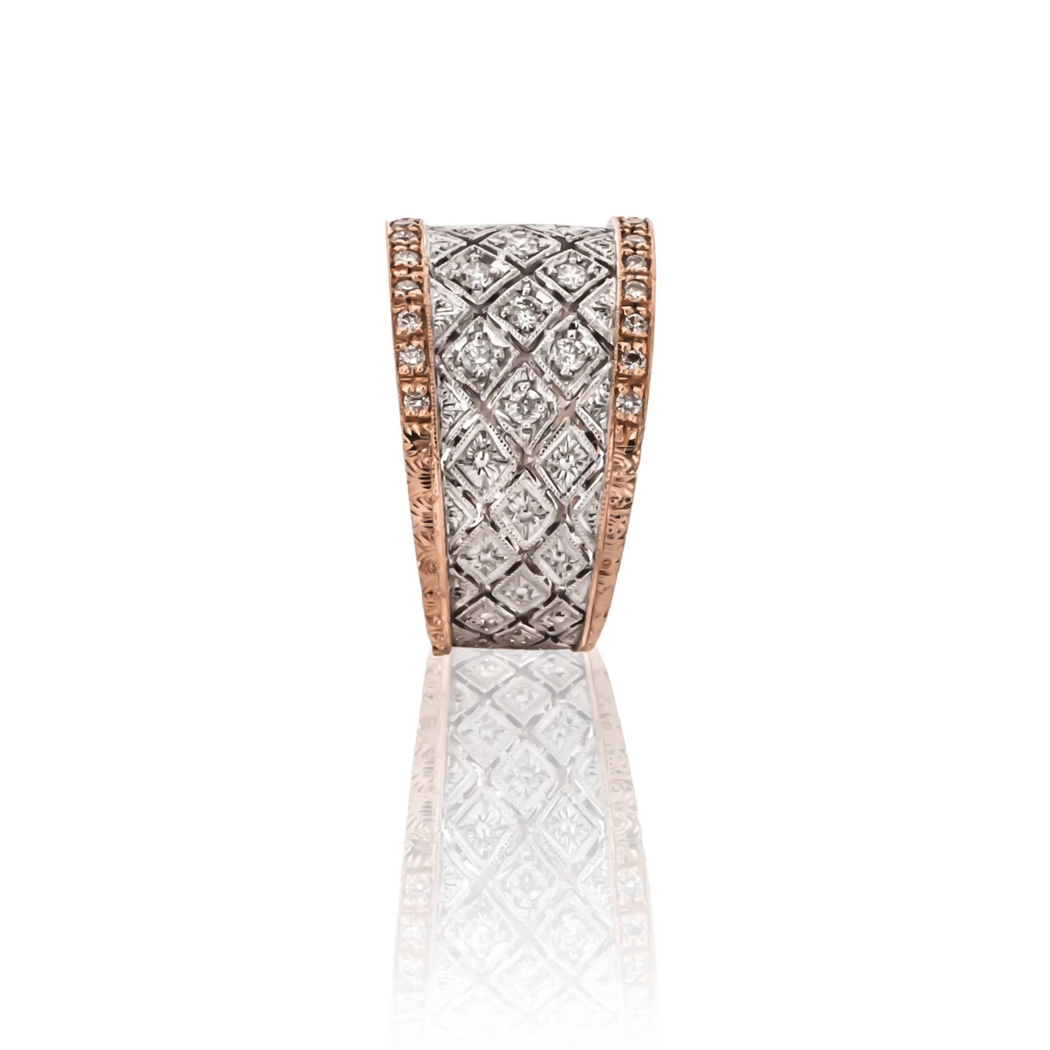 18K white and rose gold diamond ring, designed by F Vergano.  Set with round brilliant cut diamonds weighing .59 carats total weight, F-G color and VS clarity.

Finger size 7.