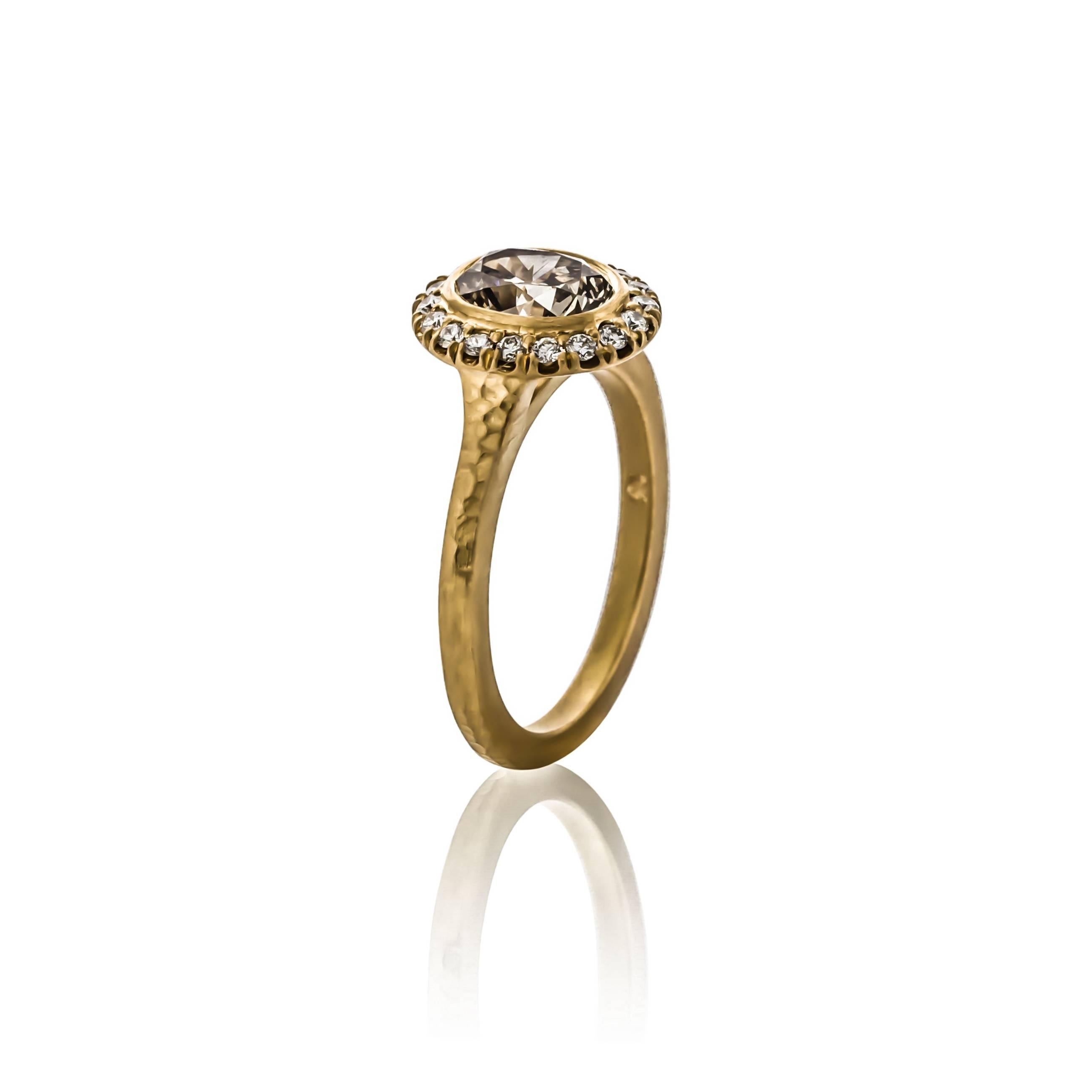One of a Kind 22K yellow gold hammered finish halo diamond ring. Set with one oval brown diamond weighing 1.17 carats and round brilliant cut diamonds weighing .21 carats total weight, G color and VS clarity.  Hand-crafted in Richardson, Texas.     