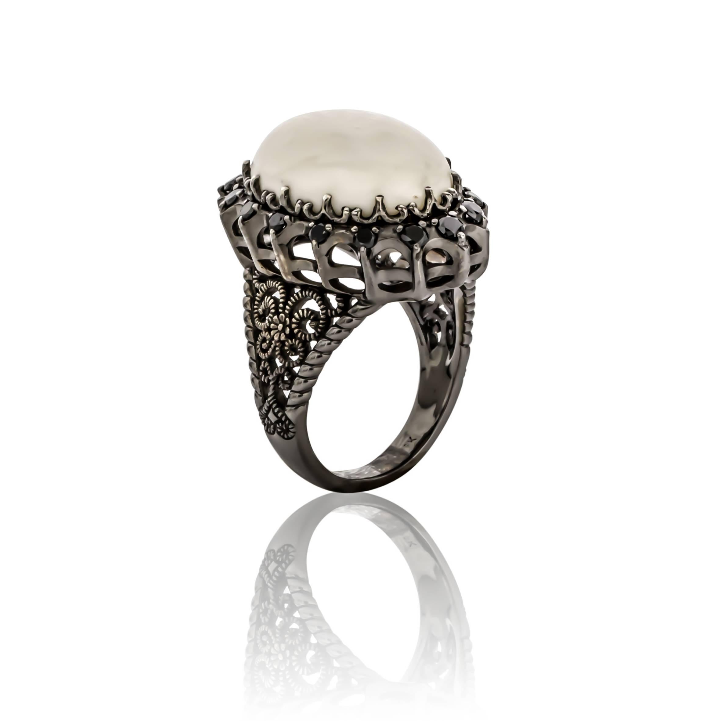 Cynthia Bach White Coral & Black Diamond Ring In Excellent Condition For Sale In Richardson, TX