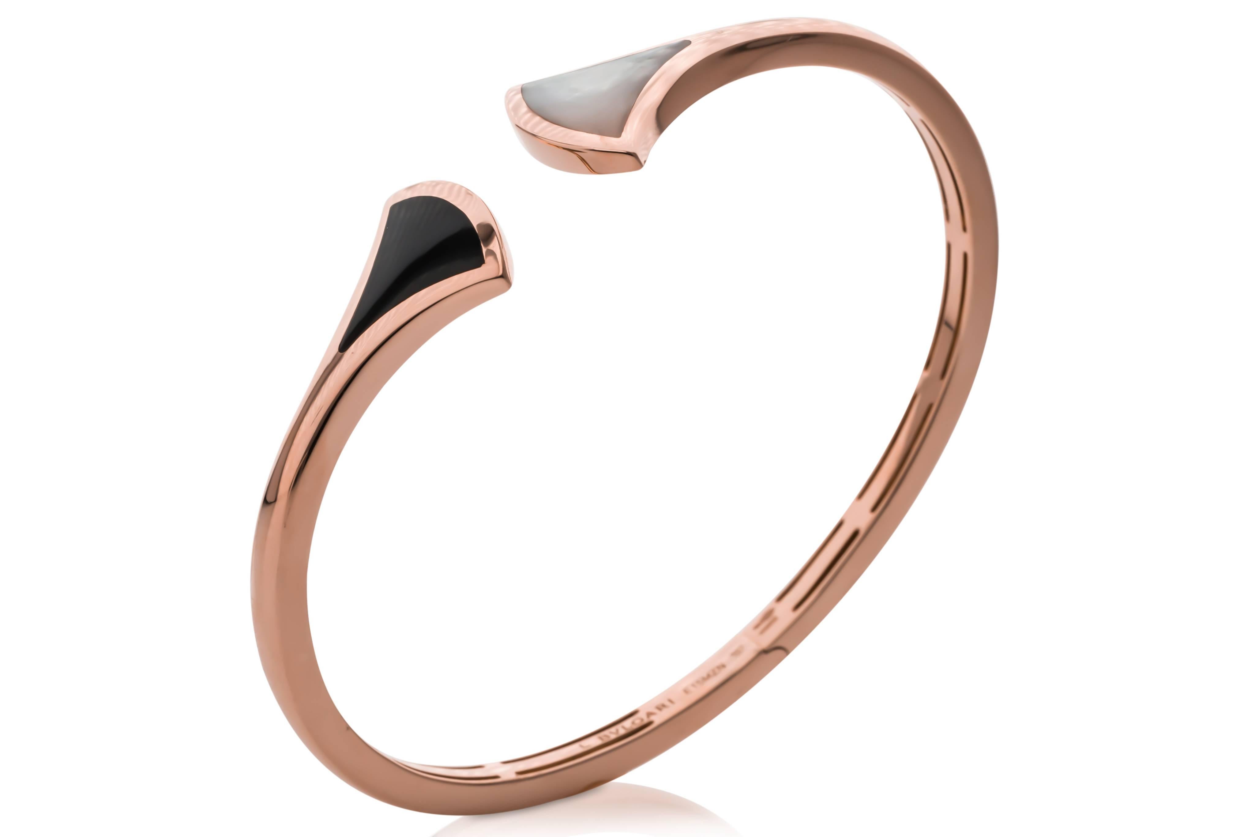 Estate 18K rose gold Diva bracelet, by Bulgari.  Set with onyx and mother of pearl.  Size Large.