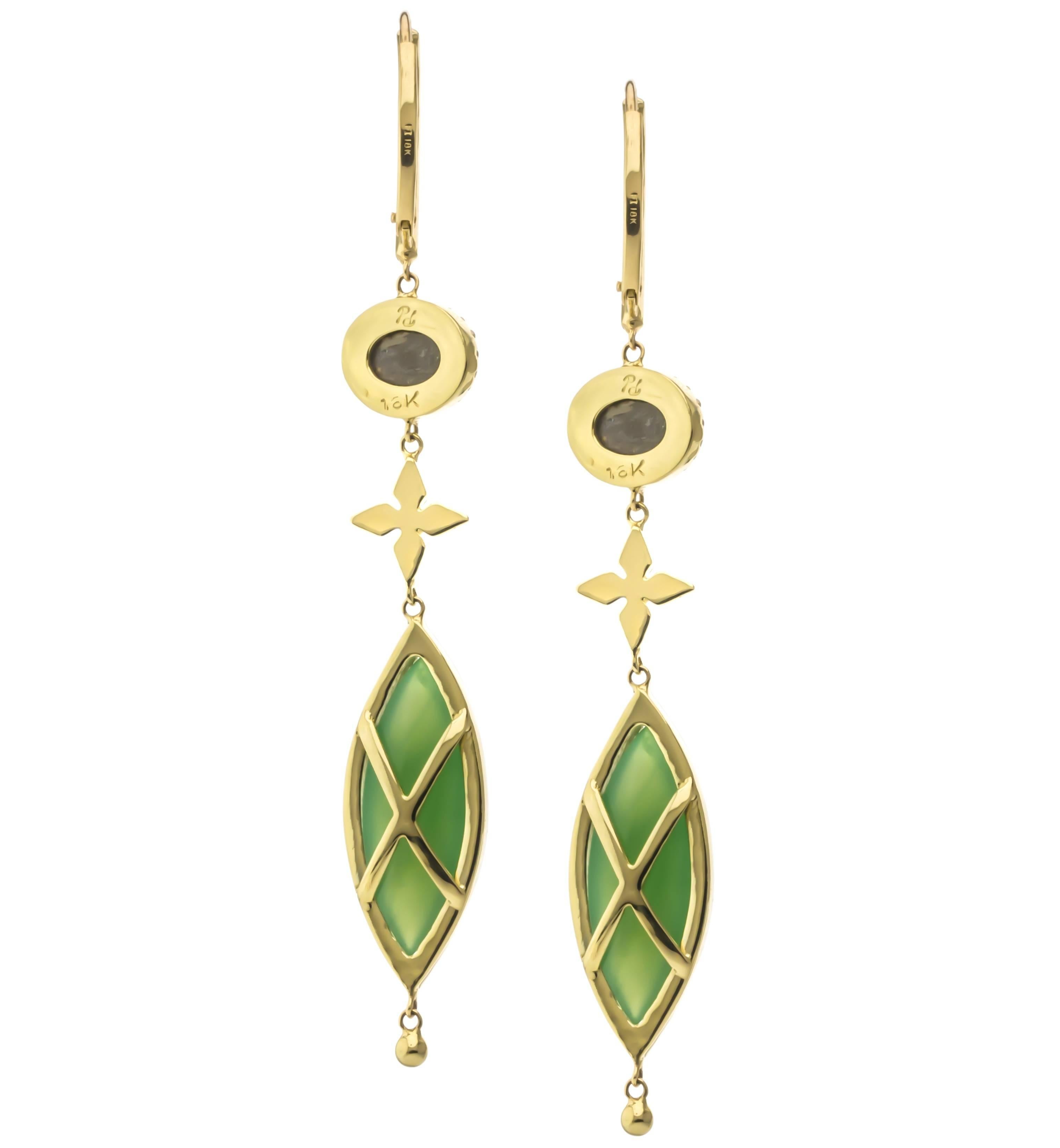 One of a kind 18K yellow gold transvaal jade, black star sapphire, and diamond dangle earrings.  Set with two marquise shaped transvaal jade weighing 8.02 carats, two oval black star sapphire weighing 2.38 carats, and one hundred and seventy-two