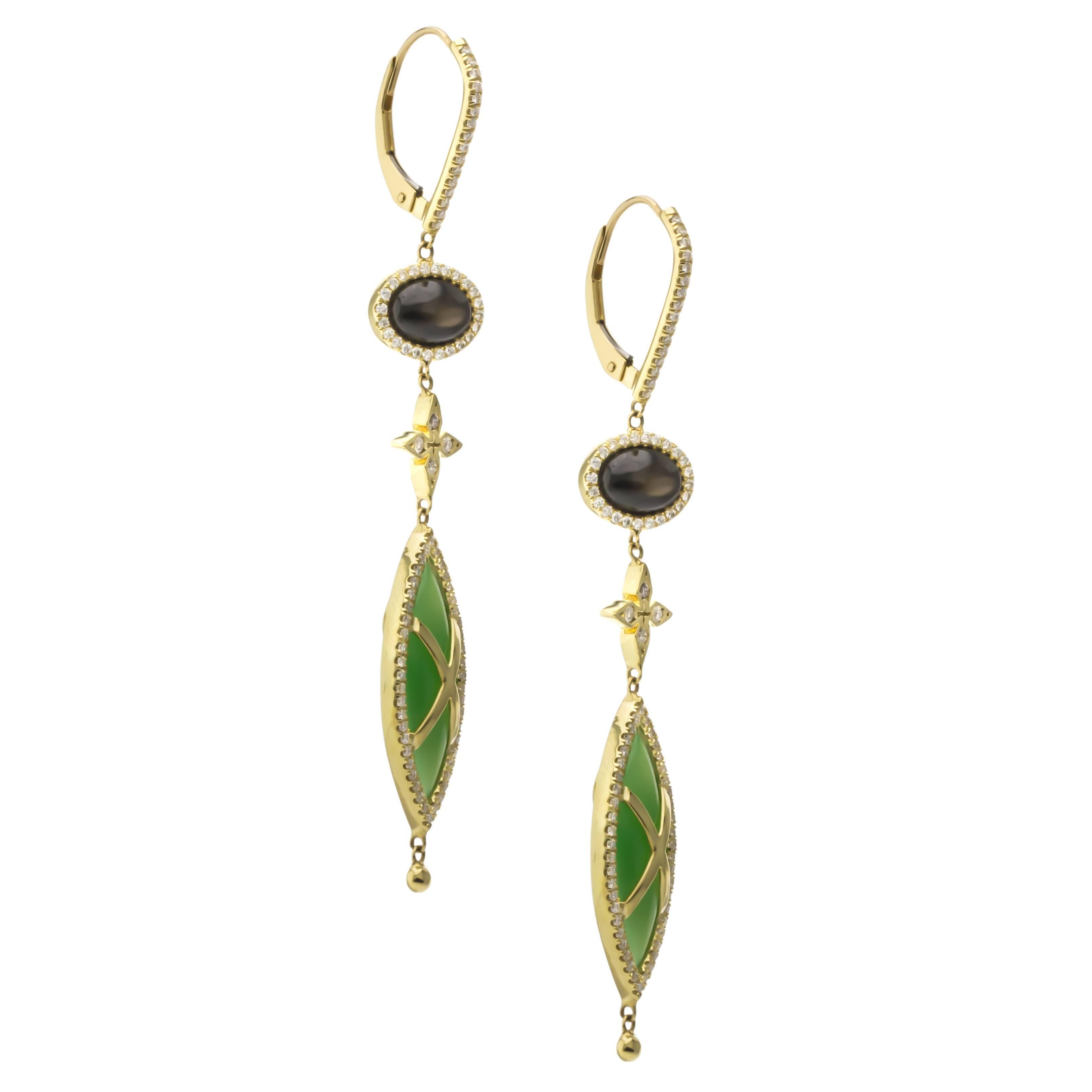 One of a Kind Transvaal Jade Black Star Sapphire Diamond Gold Dangle Earring In Excellent Condition For Sale In Richardson, TX