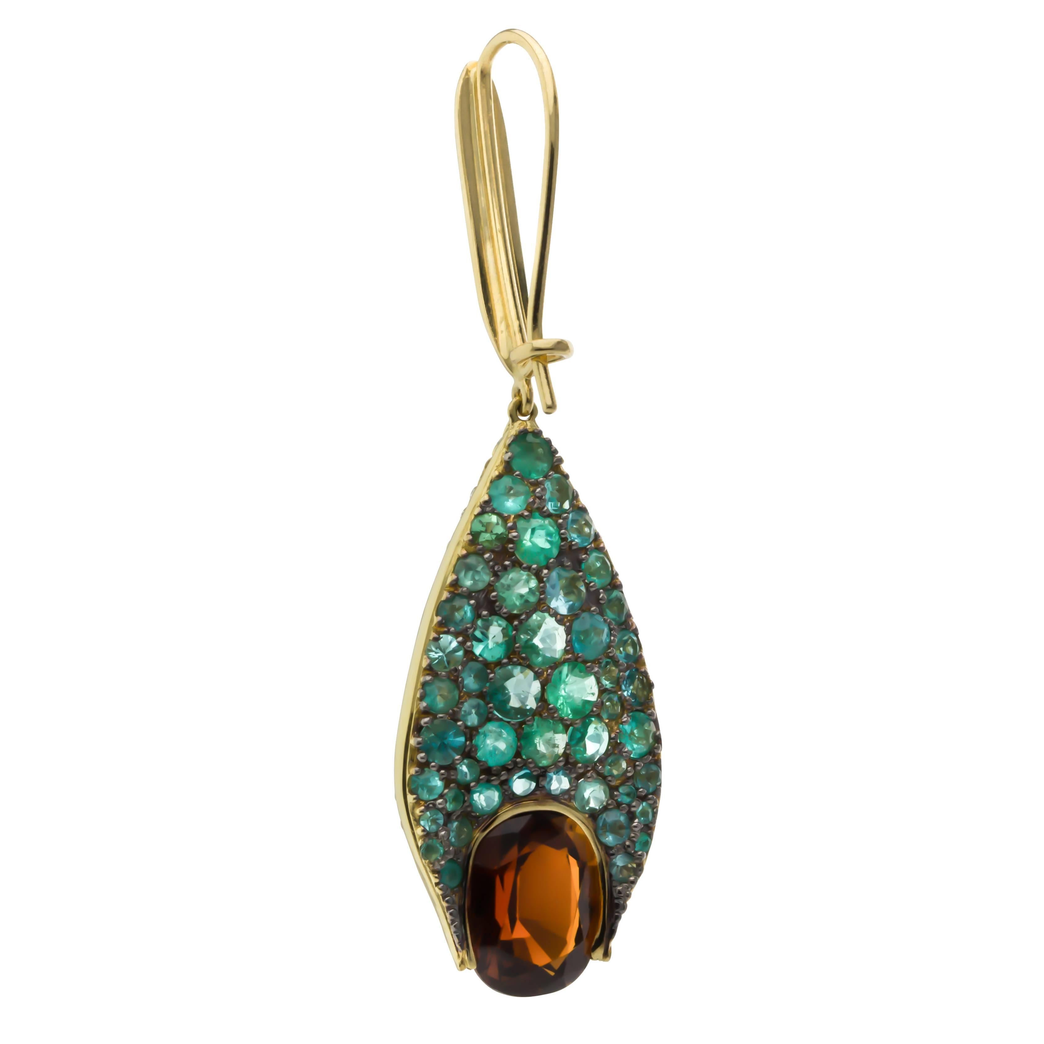 18K yellow gold cognac tourmaline, pariba tourmaline, and diamond earrings.  Set with two cognac tourmaline weighing 5.39 carats total weight, pave set pariba tourmaline weighing 3.60 carats total weight, and one hundred and sixteen round brilliant