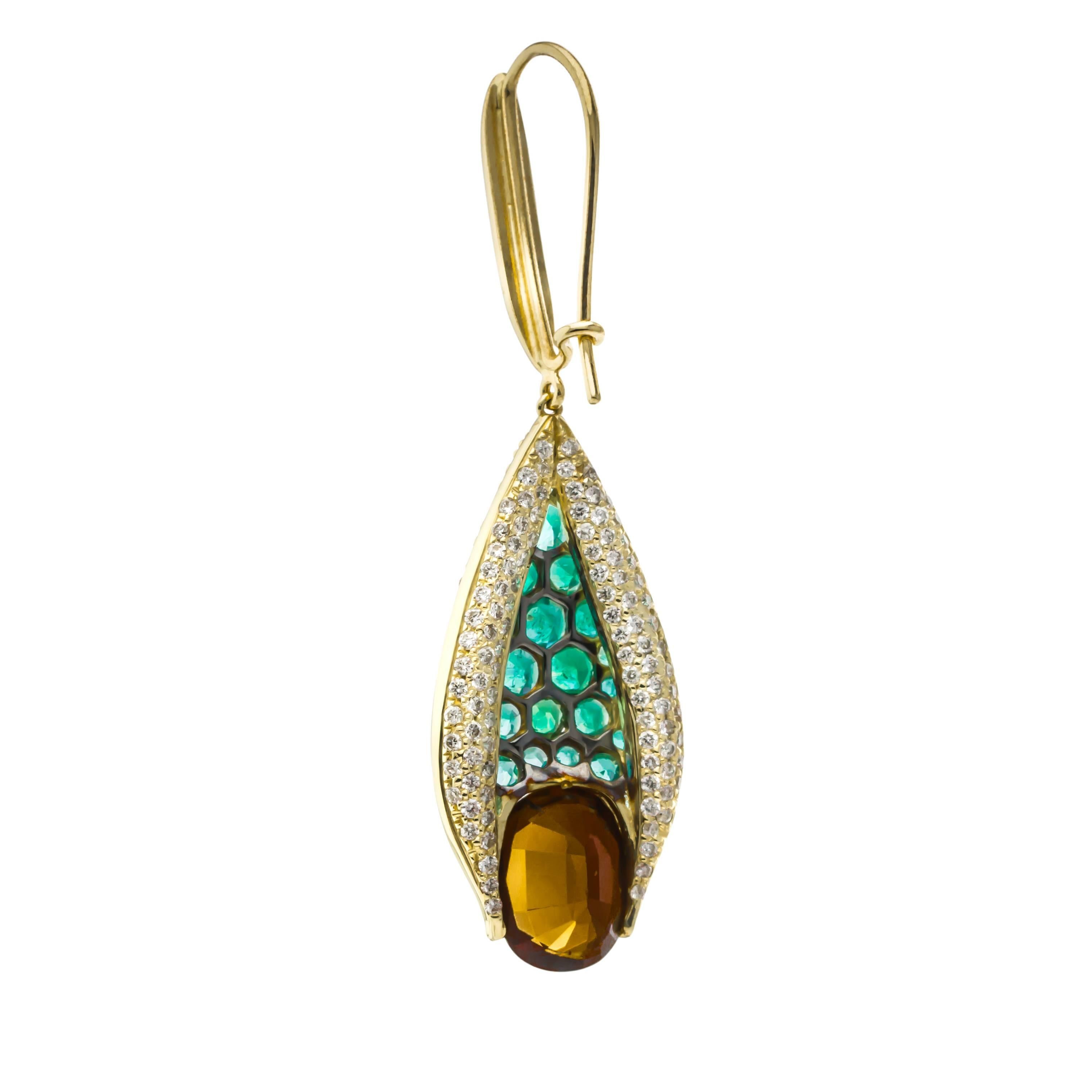 Cognac and Paraiba Tourmaline Diamond Gold Earrings In New Condition In Richardson, TX
