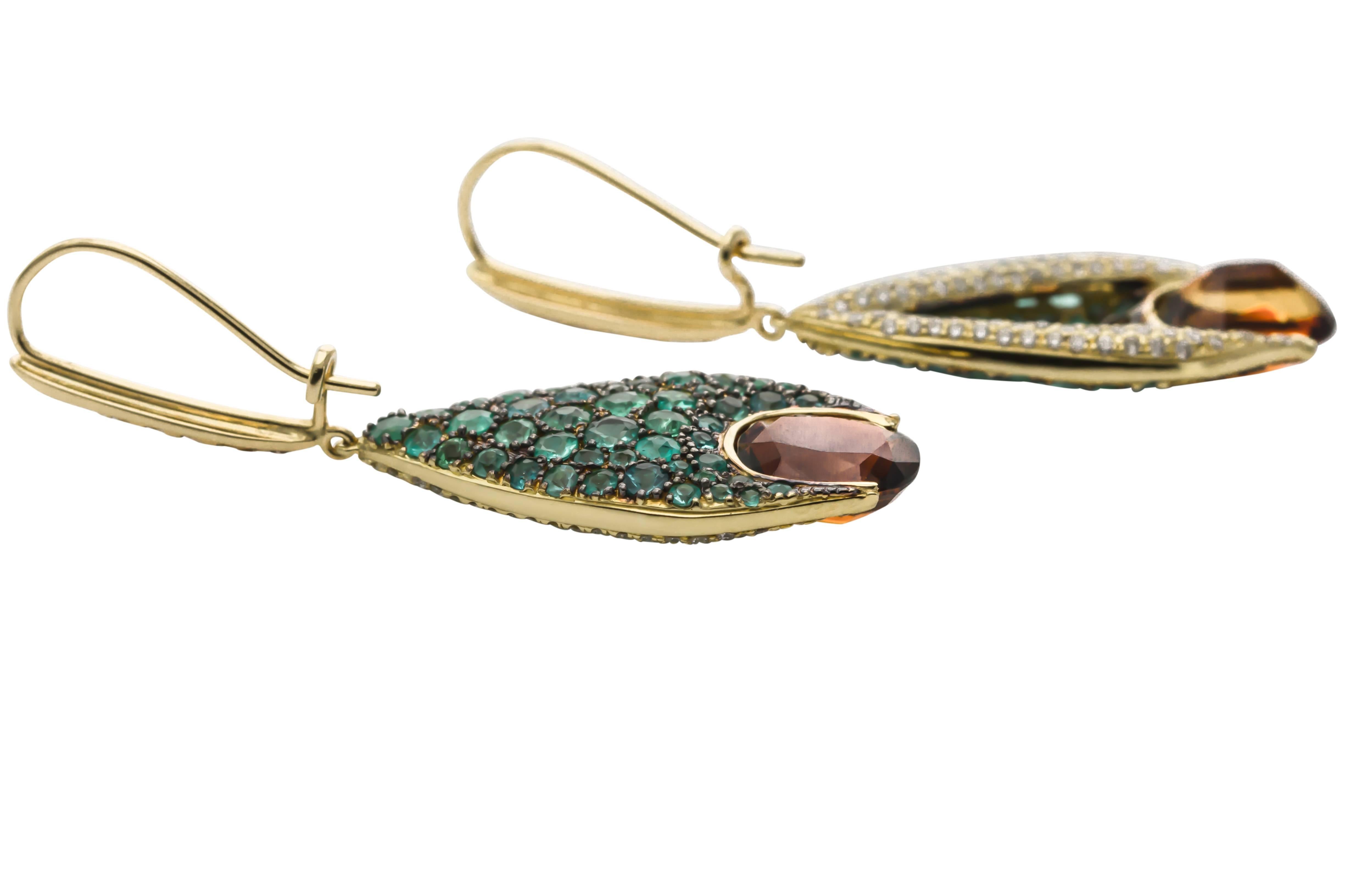 Cognac and Paraiba Tourmaline Diamond Gold Earrings 2