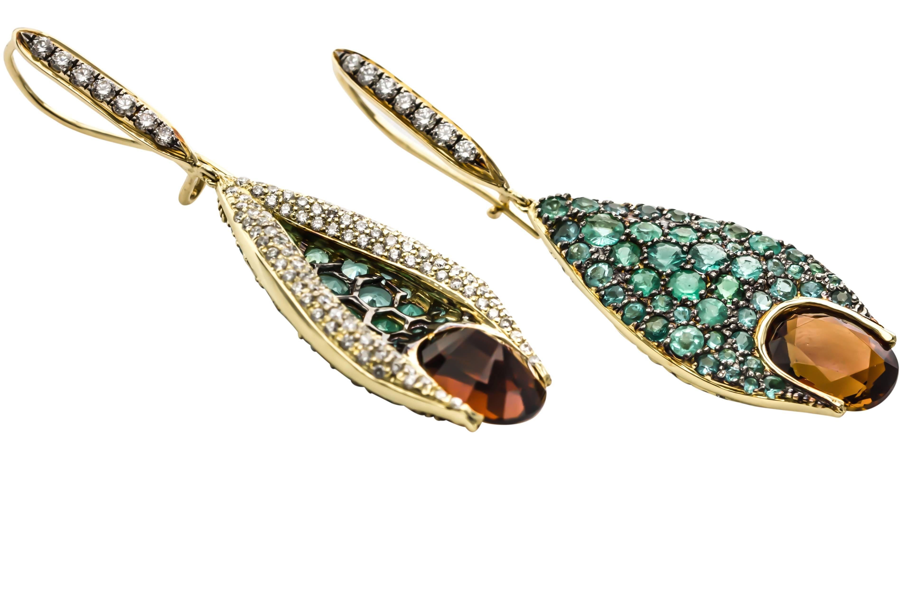 Cognac and Paraiba Tourmaline Diamond Gold Earrings 1