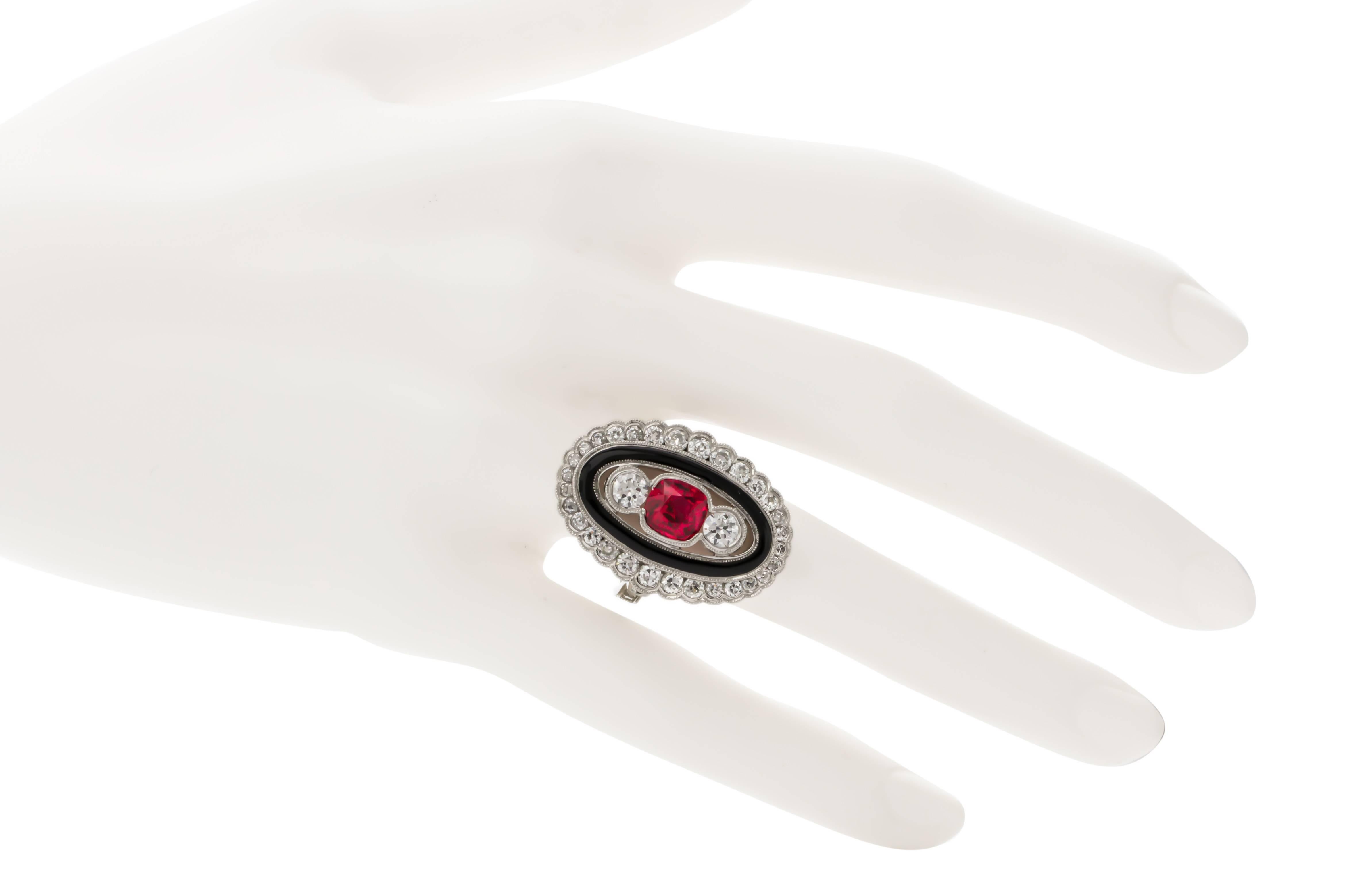 One of a Kind 1.77 Carat Red Spinel Diamond Enamel Platinum Ring 1