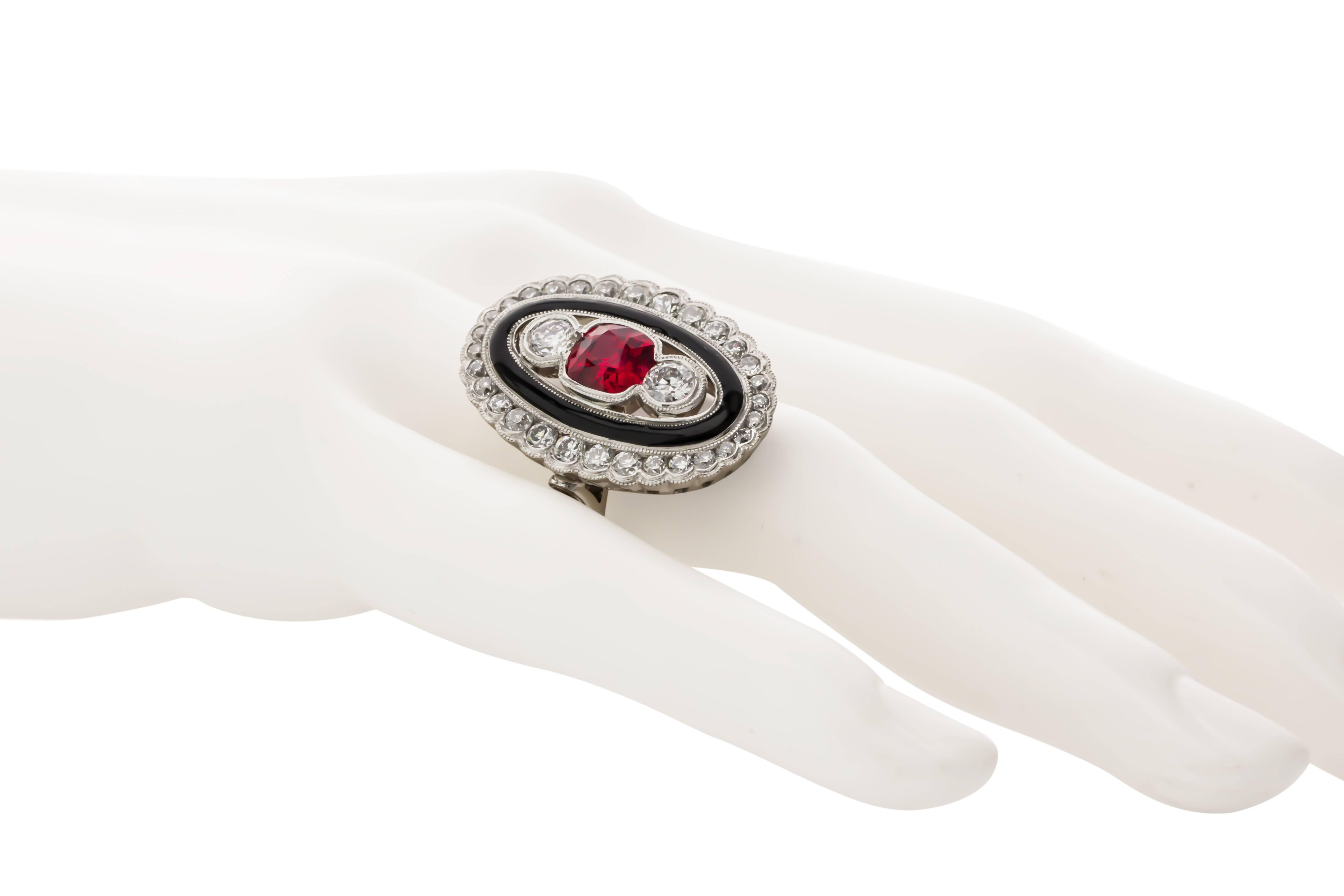 One of a Kind 1.77 Carat Red Spinel Diamond Enamel Platinum Ring 2