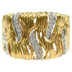 Estate 18k Yellow Gold Round Diamond Textured Wave Cocktail Ring