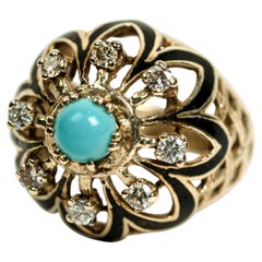 Anillo de cóctel vintage de oro amarillo de 14K con turquesa, diamantes y esmalte negro, con forma de cúpula abombada