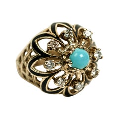 Anillo de cóctel vintage de oro amarillo de 14K con turquesa, diamantes y esmalte negro, con forma de cúpula abombada