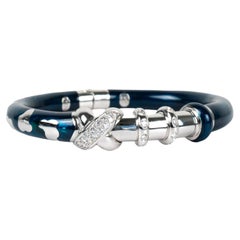 18k White Gold SOHO Diamond Blue Enamel Hinged Bangle Bracelet Italy