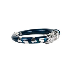 18k White Gold SOHO Diamond Blue Enamel Hinged Bangle Bracelet Italy