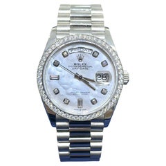 Rolex Day-Date 36mm 18k White Gold Mother of Pearl Diamond Dial Bezel 128349RBR