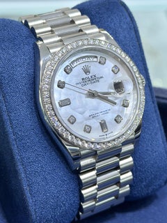 Rolex Day-Date 36mm 18k White Gold Mother of Pearl Diamond Dial Bezel 128349RBR
