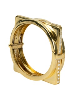 Pulsera rígida geométrica de oro amarillo de 18k de Estate, con diamantes de talla redonda y cuadrada