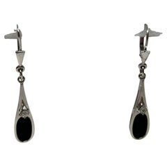 Boucles d'oreilles vintage en or blanc 9 carats avec onyx et diamant