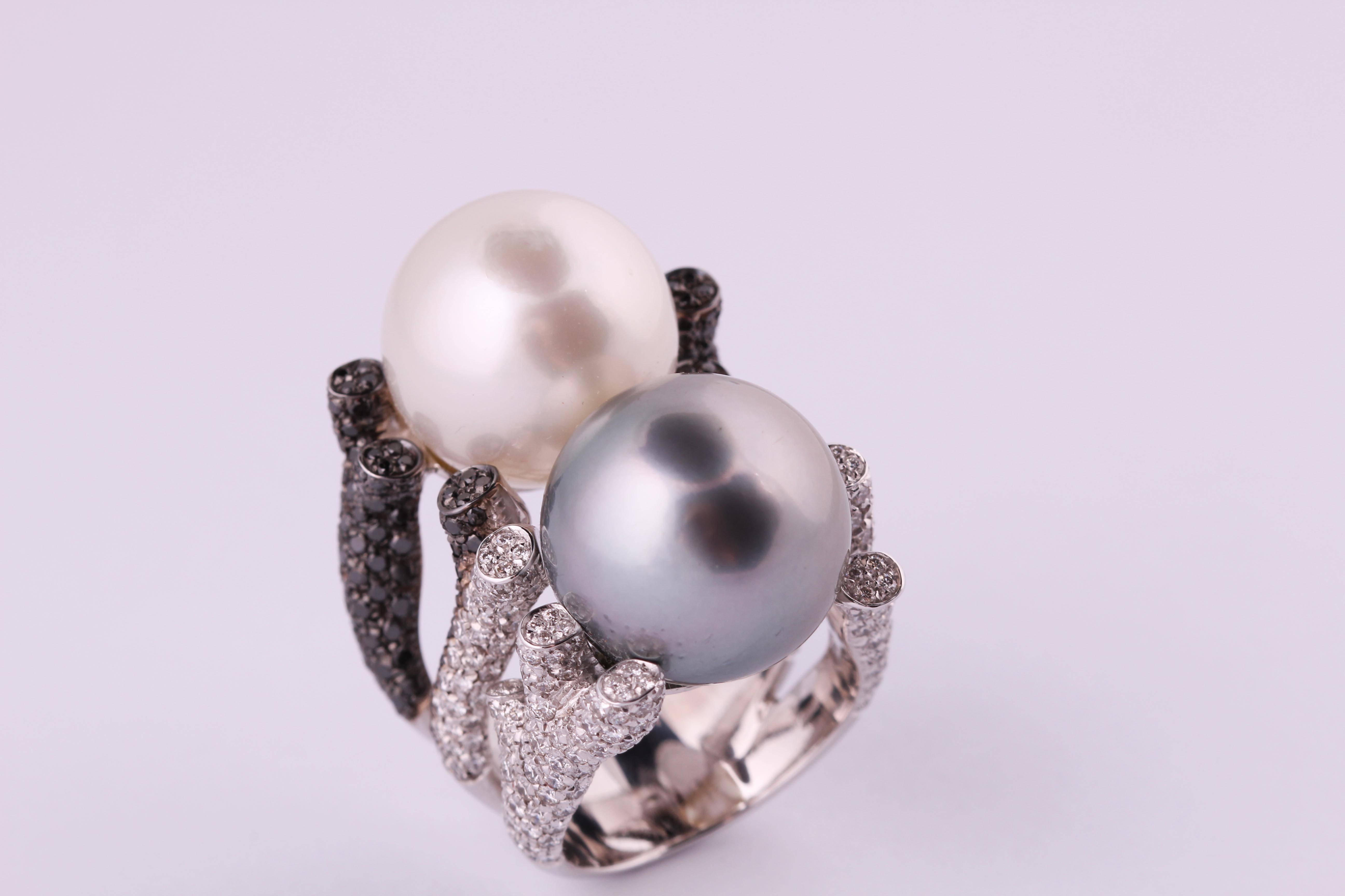 Modern South Sea Pearl Diamond Gold Ring For Sale
