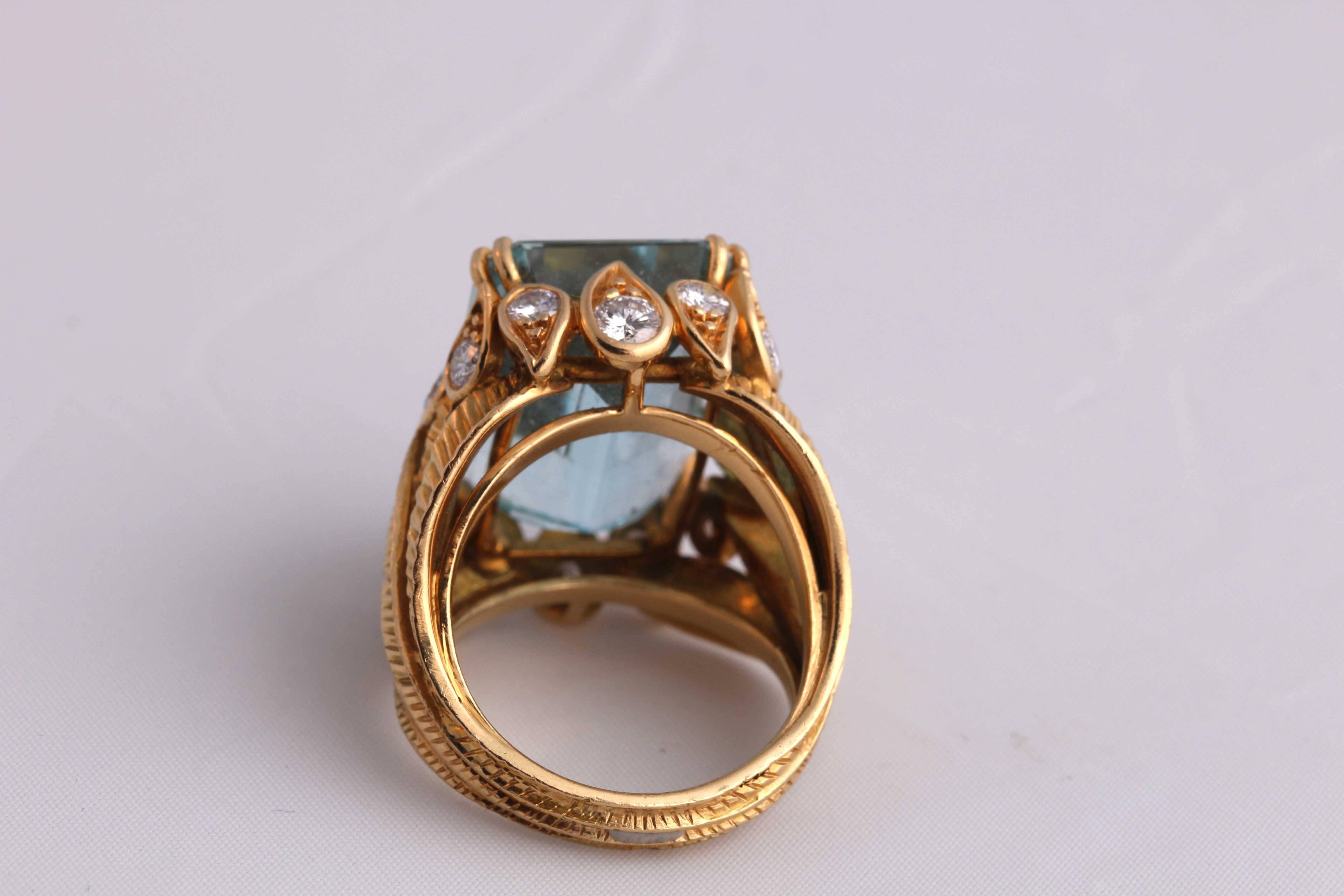 Women's 1950s René Kern Aquamarine Diamond Gold Ring For Sale