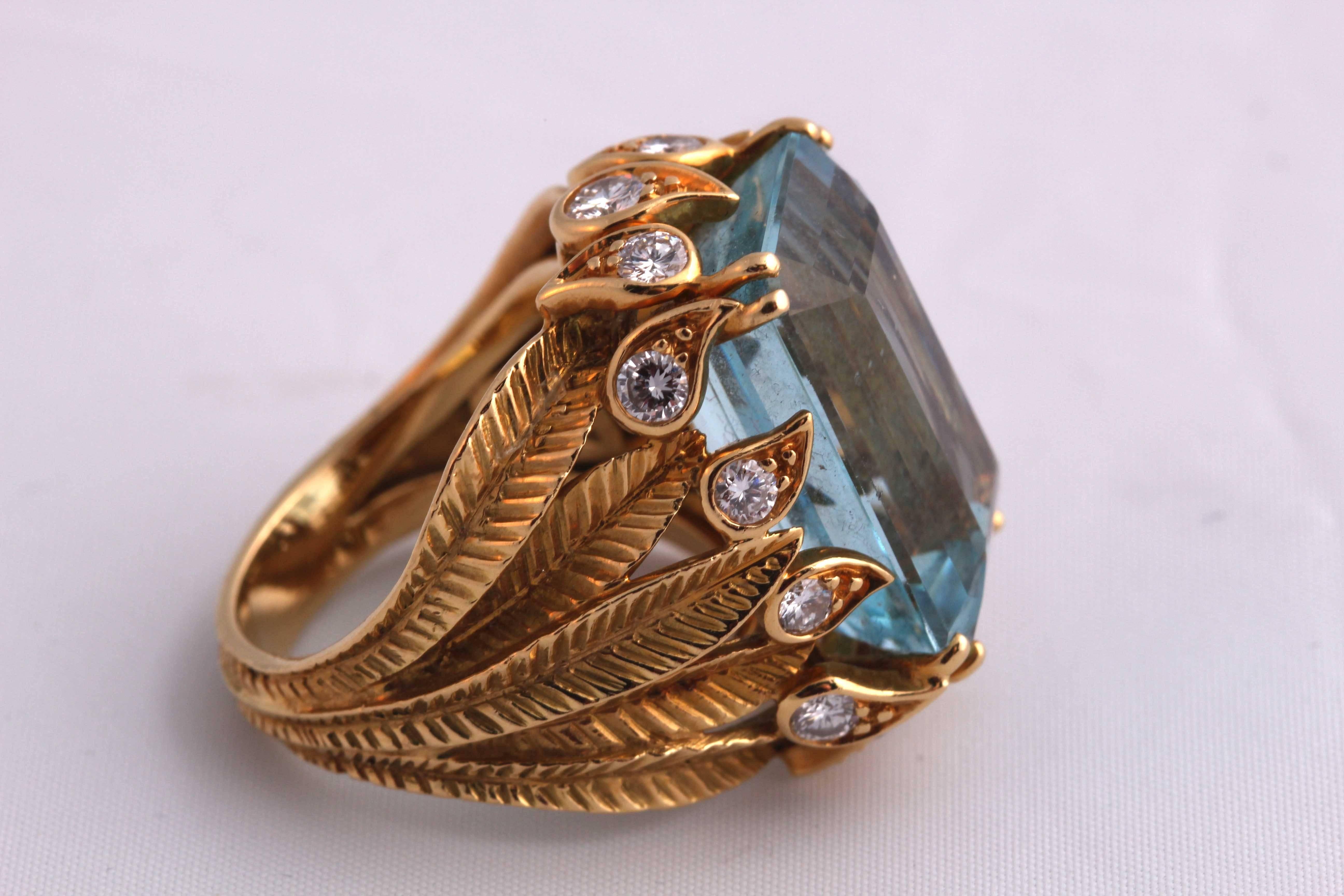 Retro 1950s René Kern Aquamarine Diamond Gold Ring For Sale