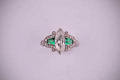 Edwardian Natural Emerald Marquise Diamond Platinum Ring