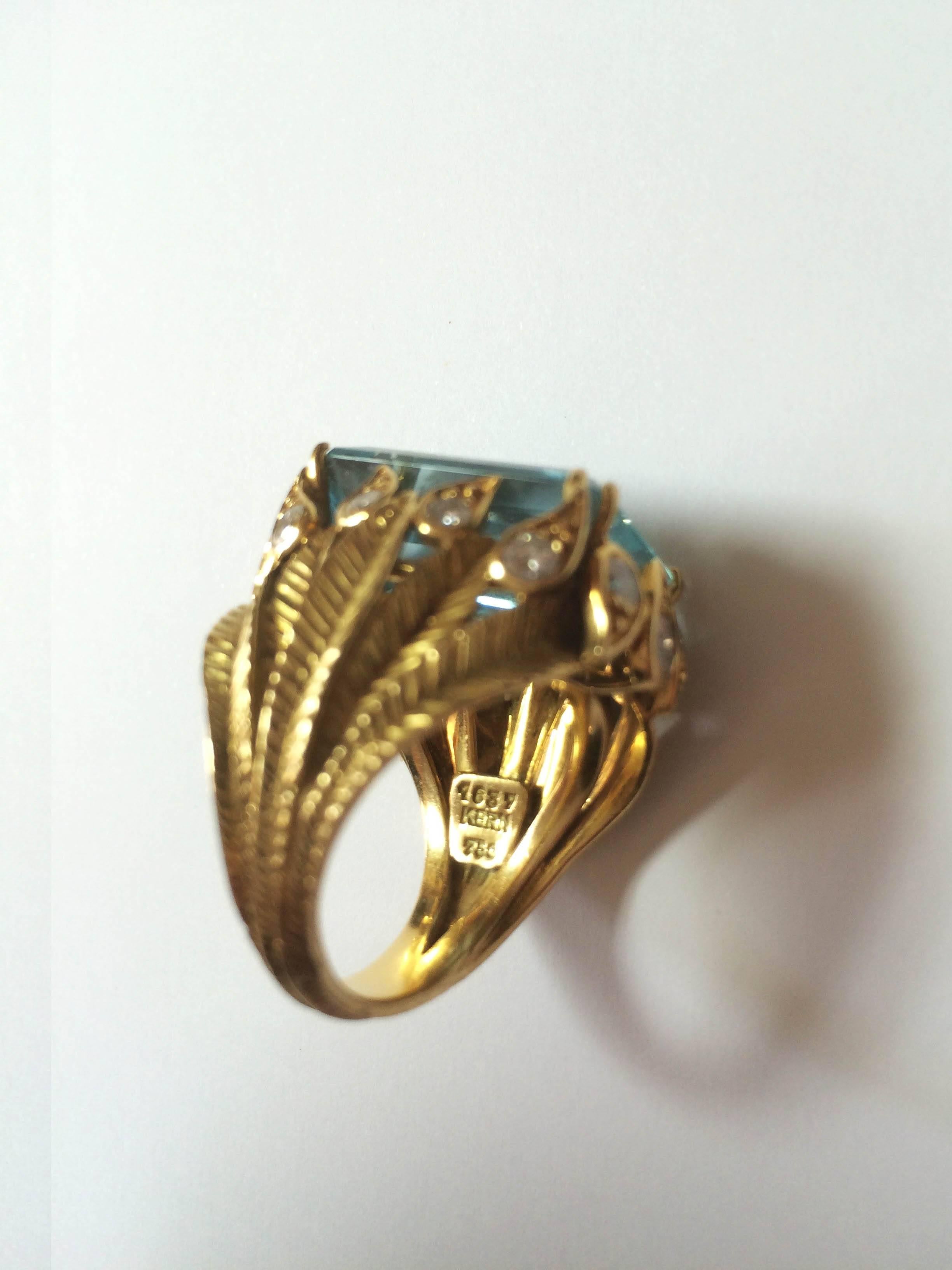 1950s René Kern Aquamarine Diamond Gold Ring For Sale 2