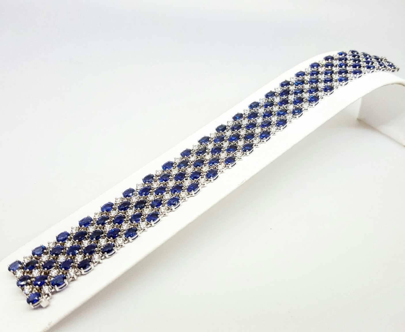 Stunning five row sapphire and diamond bracelet.  The bracelet is exquisitely set with 105 Oval cut sapphires and 105 Round Brilliant cut Diamonds. Each stone has been individually set in a four prong setting. The sapphires weigh 39.30cttw and the