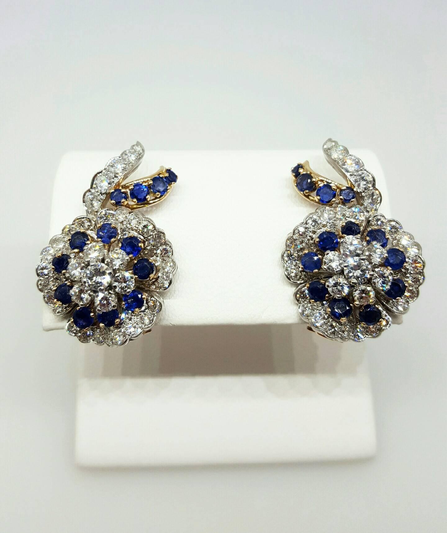 Women's Sapphire Diamond Two Color Gold Earrings